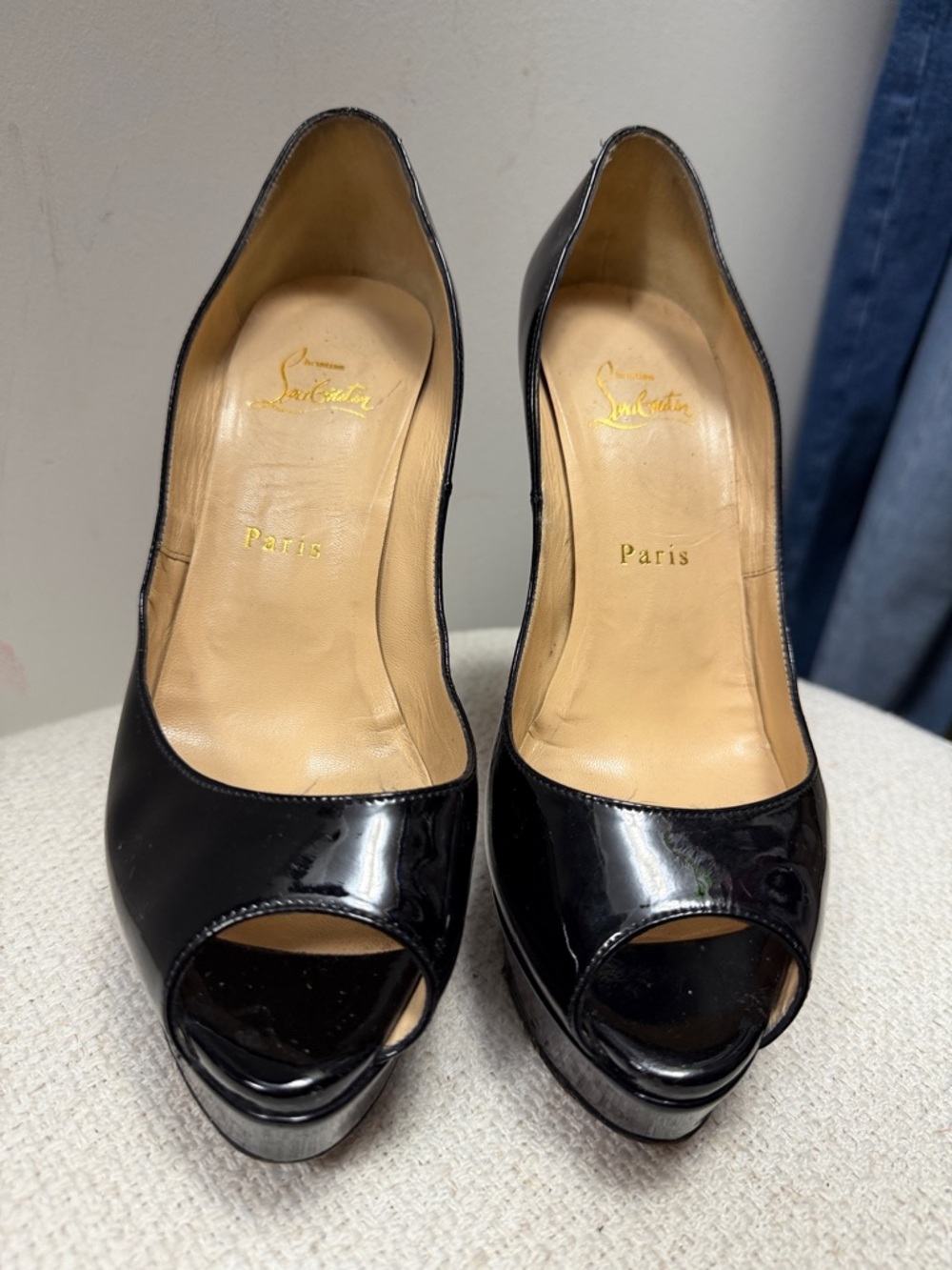 Christian Louboutin Black Patent Leather Peep-Toe Platform Pumps